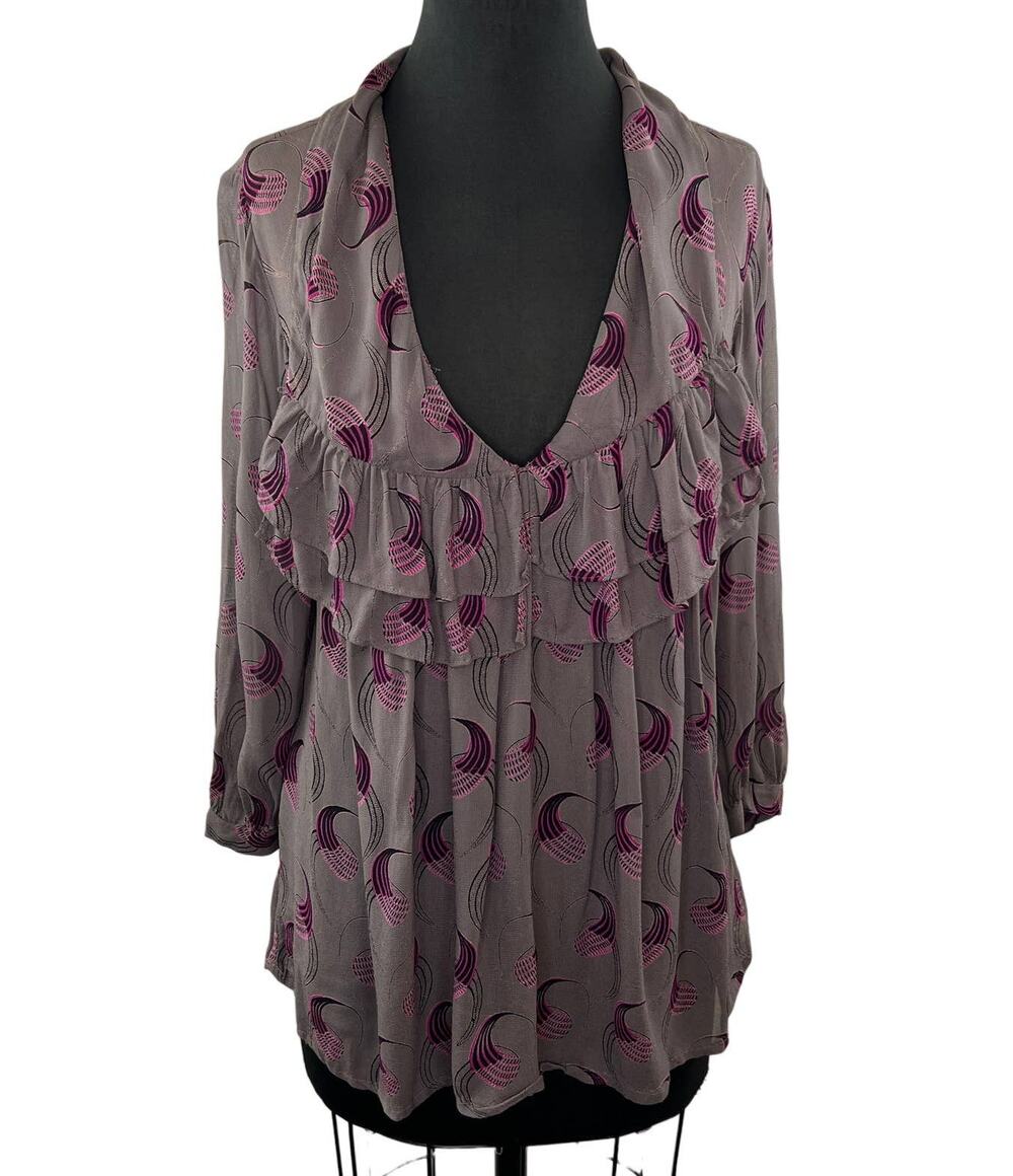 ULF ANDERSON Pink Gray Printed Ruffled Blouse Long Sleeve Sheer Top USA XL